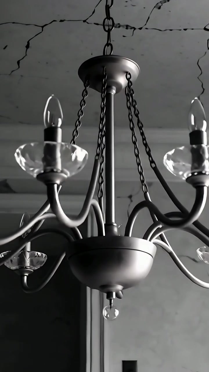 Vertikal video: Kamerapanorering rundt om en metallysekrone i et hjem, der afslører et revnet loft og krystaller.