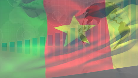 animation of statistics and globe over flag of cameroon waving