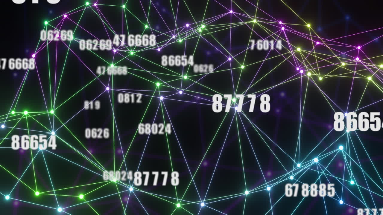 Animation of network of connections and data processing over dark background