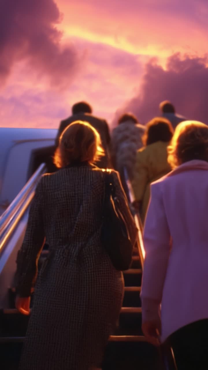 Passeggeri salgono le scalette dell'aereo al tramonto, illuminati da cieli vibranti con sfumature di viola, arancione e rosa, riflettendo una transizione verso nuove destinazioni.