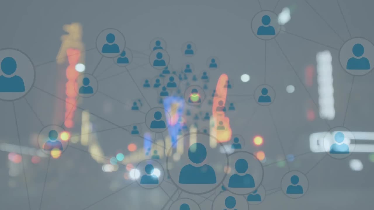 Animation of network of connections with statistics over cityscape
