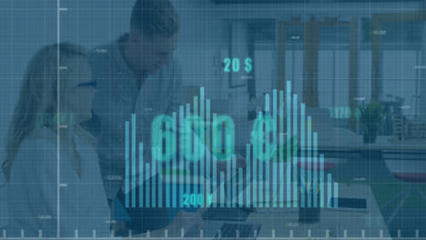 Animation-of-data-processing-against-diverse-man-and-woman-smiling-looking-at-document-at-office