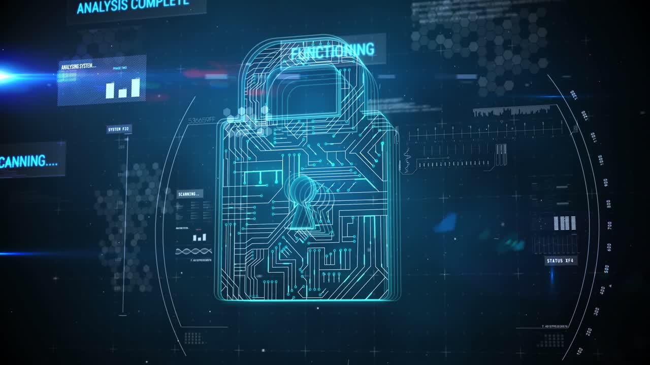 Futuristic padlock against digitally generated background