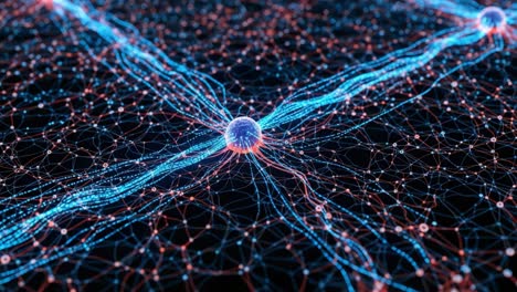 an intricate visualization of neural networks depicting electrical connections between nodes, highlighting patterns in digital information flow