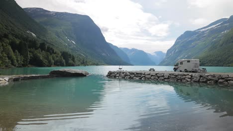 family vacation travel rv, holiday trip in motorhome. beautiful nature norway natural landscape.