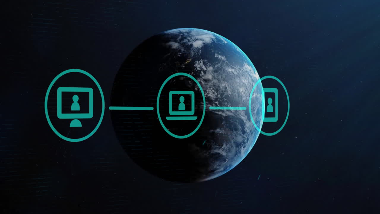 Animation of icons and financial data processing over globe