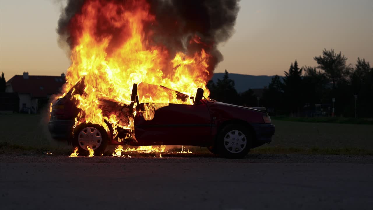 Burning car in the evening hours, long shot, from the side
