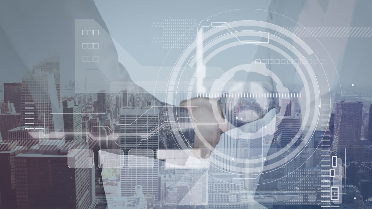 카우카시안 사업가들이 손을 흔들고 도시 풍경에 대한 데이터 처리의 애니메이션