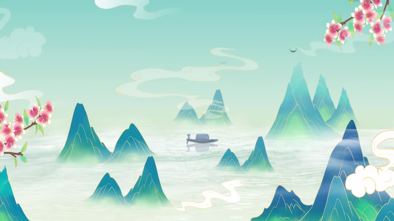 Fantasy bright ambience landscape of beautiful morning sky, mountains, flowers, lake, ancient house with simple animation in Japanese Chinese anime watercolor style.