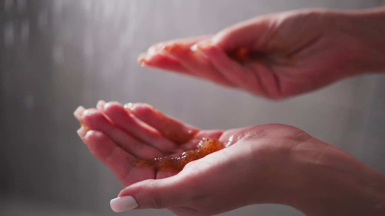 mujer sostiene un puñado de exfoliante en la unidad de ducha de primer plano. dama demuestra un producto cosmético exfoliante casero para el cuidado de la piel en el baño. relajación en el spa