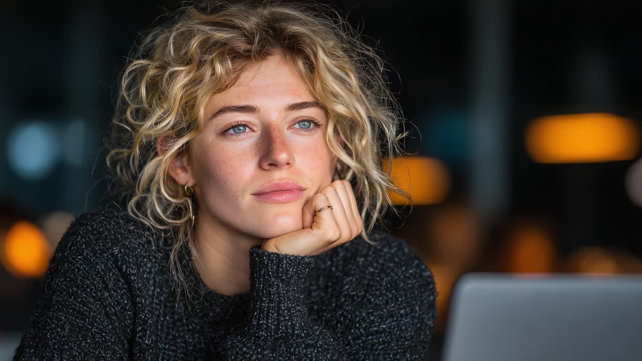 Thoughtful Expression Captured in Warm Indoor Setting: Woman with Curly Hair Deep in Contemplation, Framed by Soft Ambient Lighting and Modern Laptop