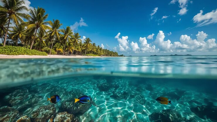 Tropical Beach Paradise with Underwater Fish