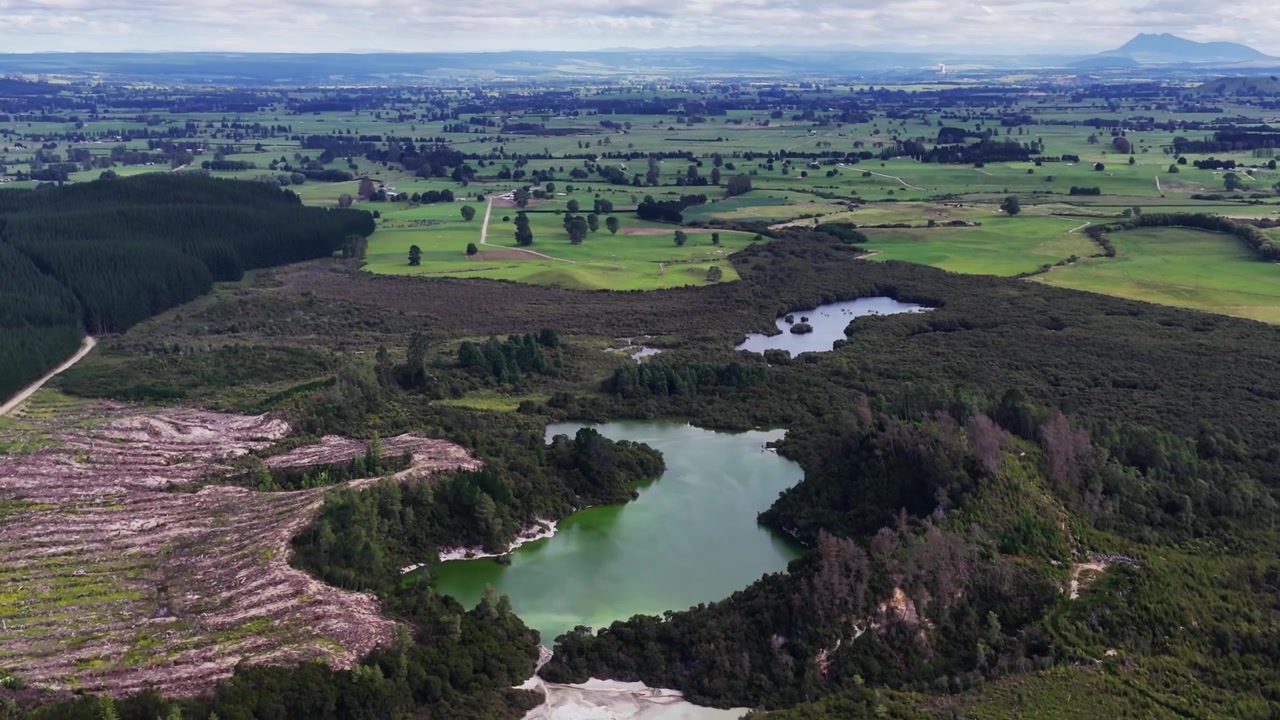 Letecký pohled na zelená jezera a zalesněnou krajinu poblíž Rotoruy, venkovský Nový Zéland.