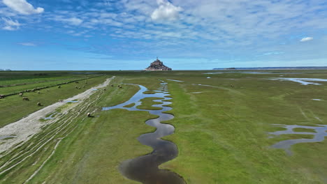 Blick-Auf-Einen-Fluss-Mit-Dem-Mont-Saint-Michel-Im-Hintergrund,-Sonniger-Tag