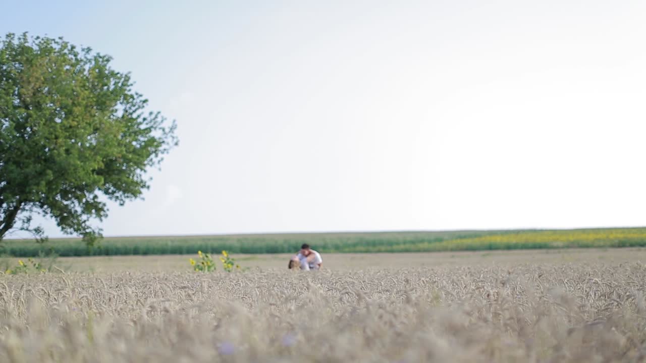 Young Loving Couple In Field. Love story. Couple runs in the wheat field and smiling
