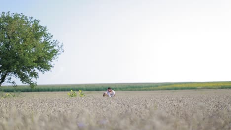 young loving couple in field. love story. couple runs in the wheat field and smiling