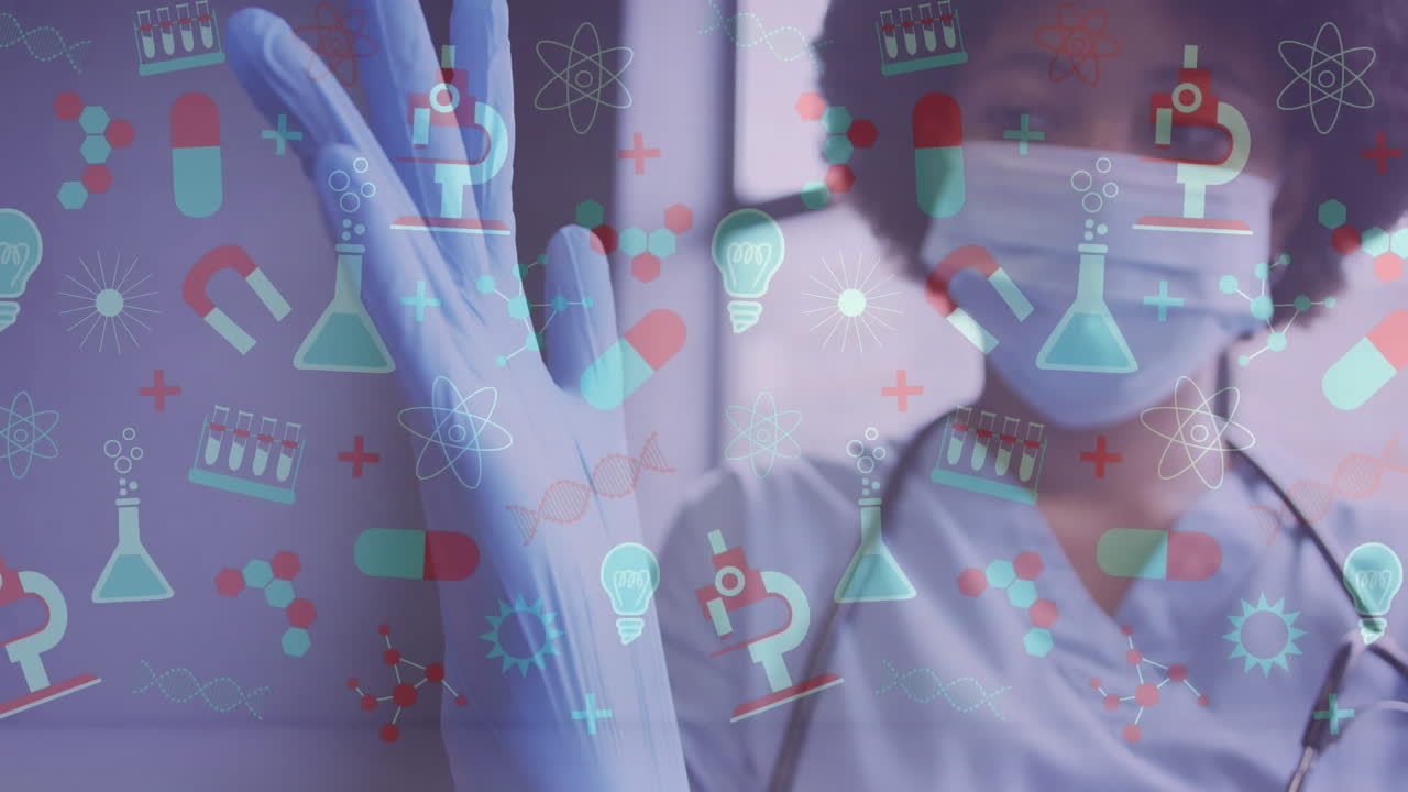 animación de iconos médicos sobre una doctora con máscara facial que se pone guantes quirúrgicos