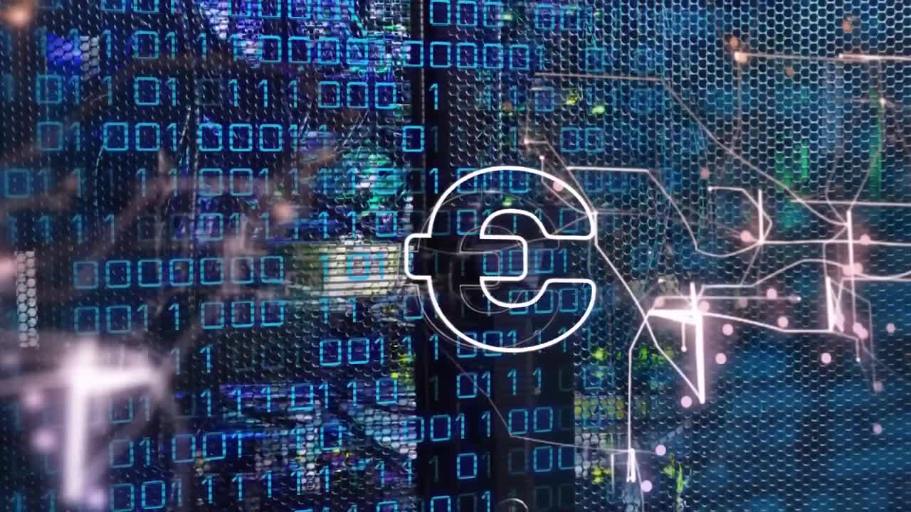 Animation af eurosymbol, linjer og binære koder over belyste dataserversystemer