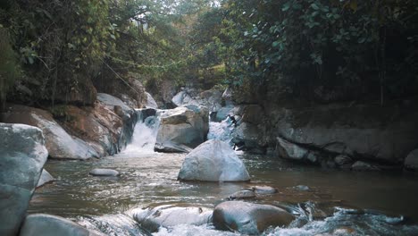 slow-motion-shot-of-water-flowing,-cascade-in-middle-of-the-jungle-in-Colombia