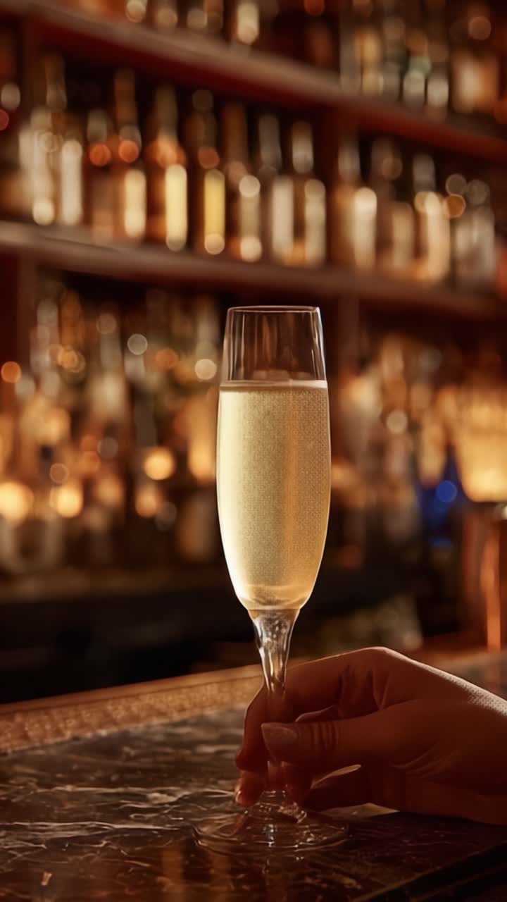Elegante calice di champagne evidenziato contro uno sfondo di bar scintillante, che cattura un momento di celebrazione e indulgenza in un'atmosfera raffinata.