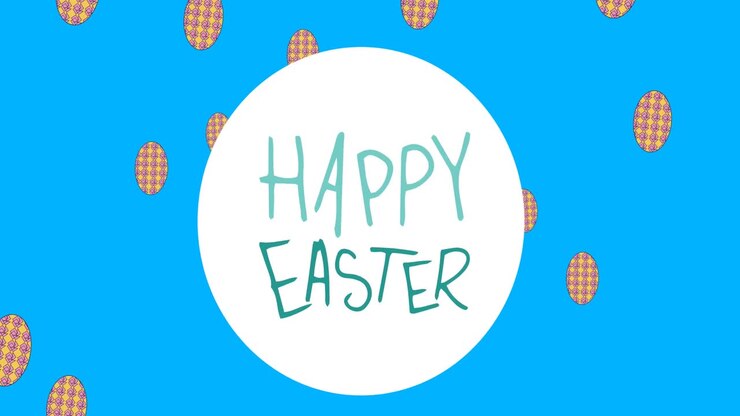 Animation of happy easter in circle over easter eggs floating on blue background
