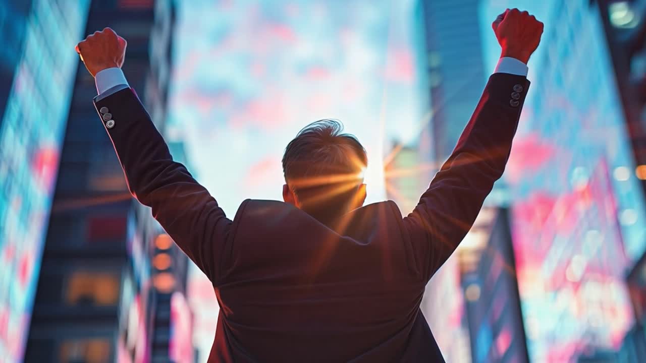 A businessman celebrating success in the city