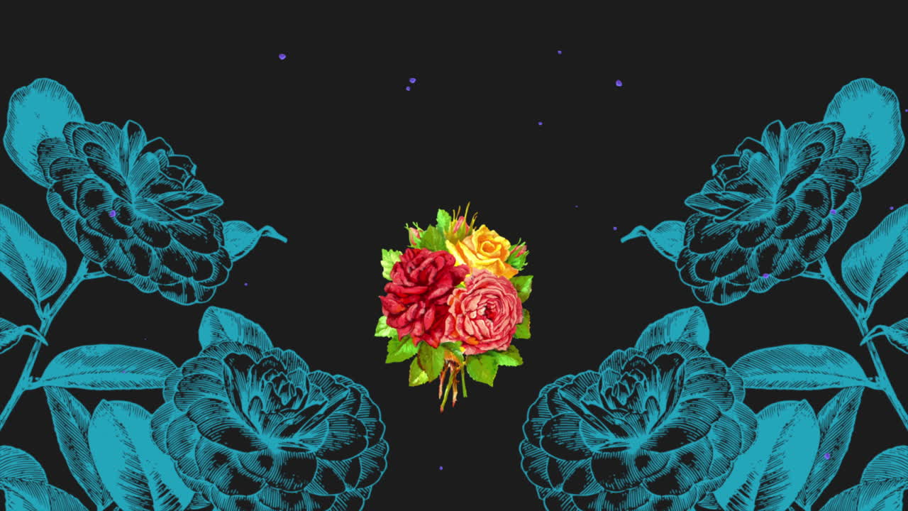 Blue retro flowers pattern and red roses