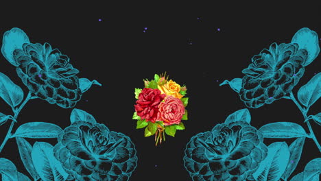 patrón de flores retro azul y rosas rojas