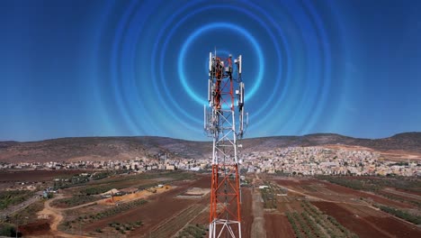 vista aérea sobre teléfonos celulares radio torre de telecomunicaciones ondas animación