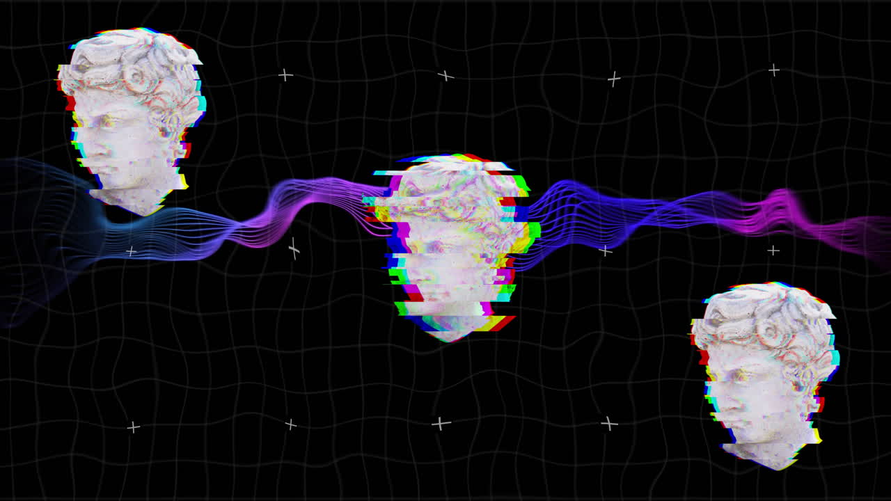 Glitching classical busts and colorful waves over black grid background