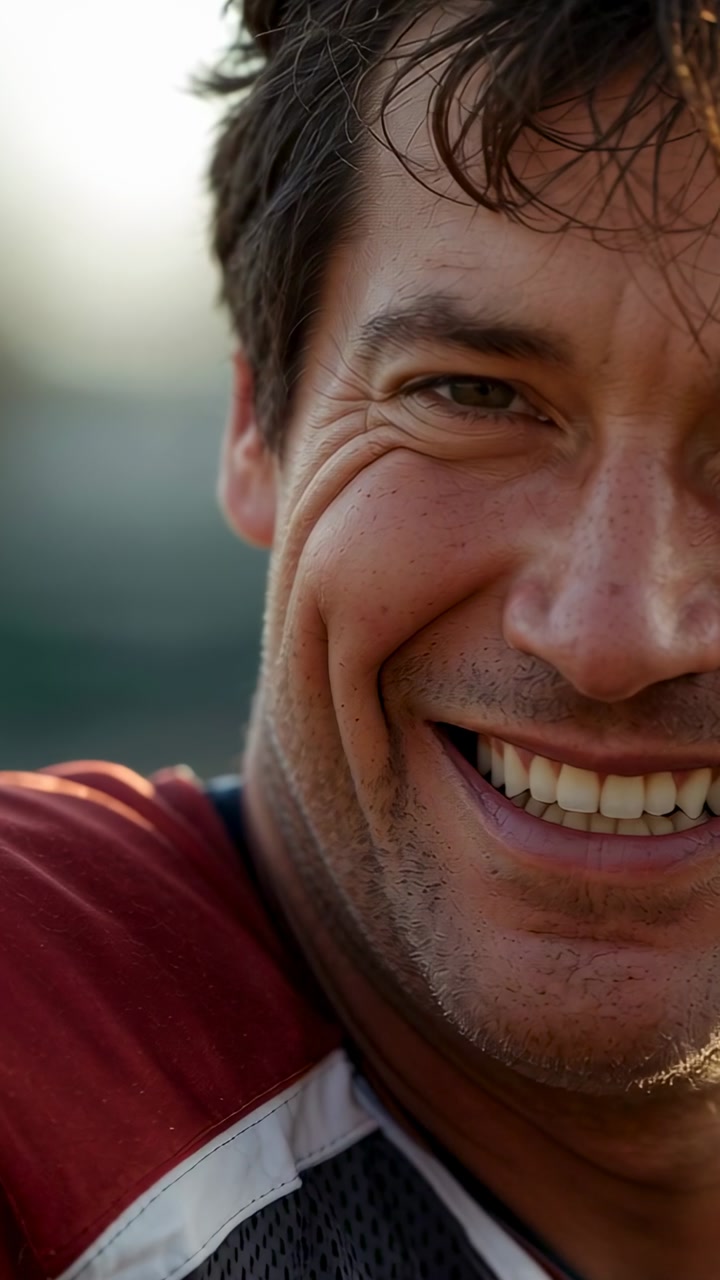 Camera holding closeup, male player shifting smiles, animated lines pulsing over red sports jersey