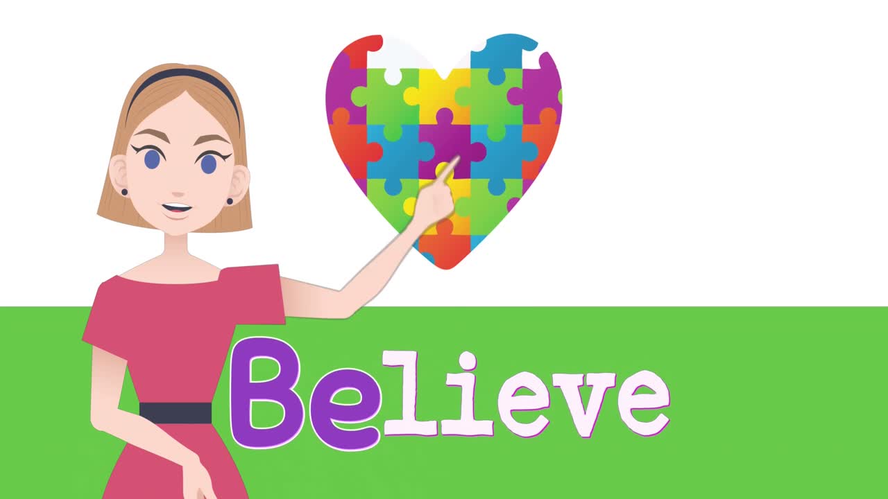 여자 의 애니메이션 은 퍼즐 의 심장 에 대해 이야기 하고 텍스트 를 믿습니다.