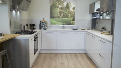elegant white and grey kitchen showroom set.