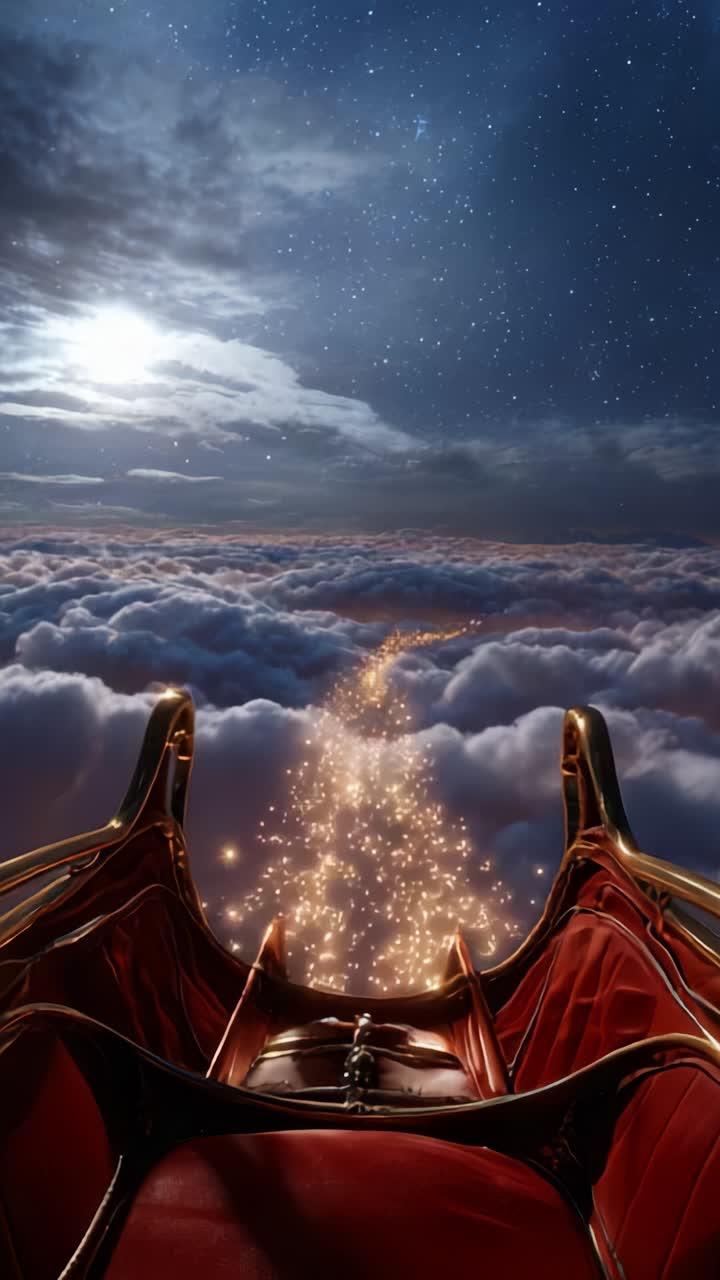 A Dreamy Journey Through the Clouds: A Futuristic Sleigh Gliding Under a Starry Night Sky with Sparkling Trails of Magic Leading the Way to Adventure