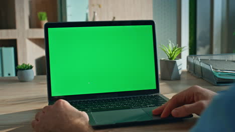 manager talking mockup laptop having online interview at home office close up.