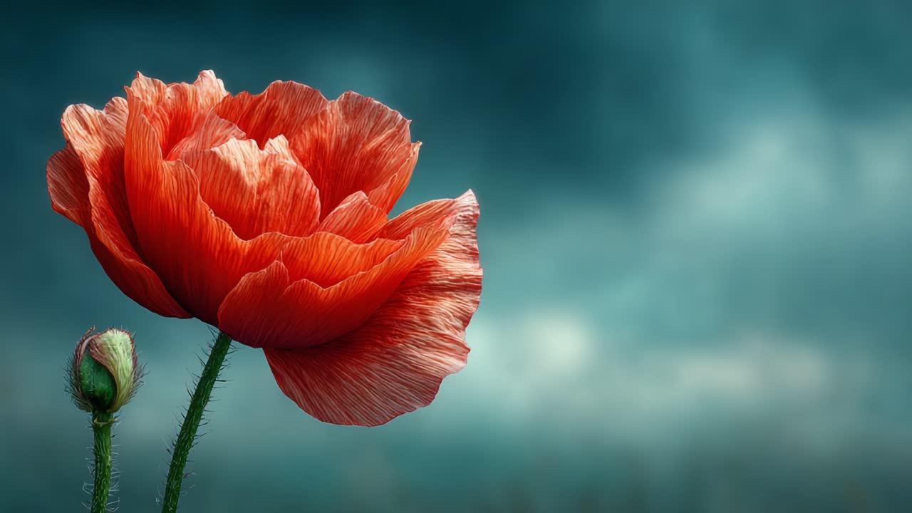 Uno splendido primo piano di un fiore di papavero rosso in piena fioritura su uno sfondo blu intenso, che mette in risalto i suoi petali delicati e il colore vivace