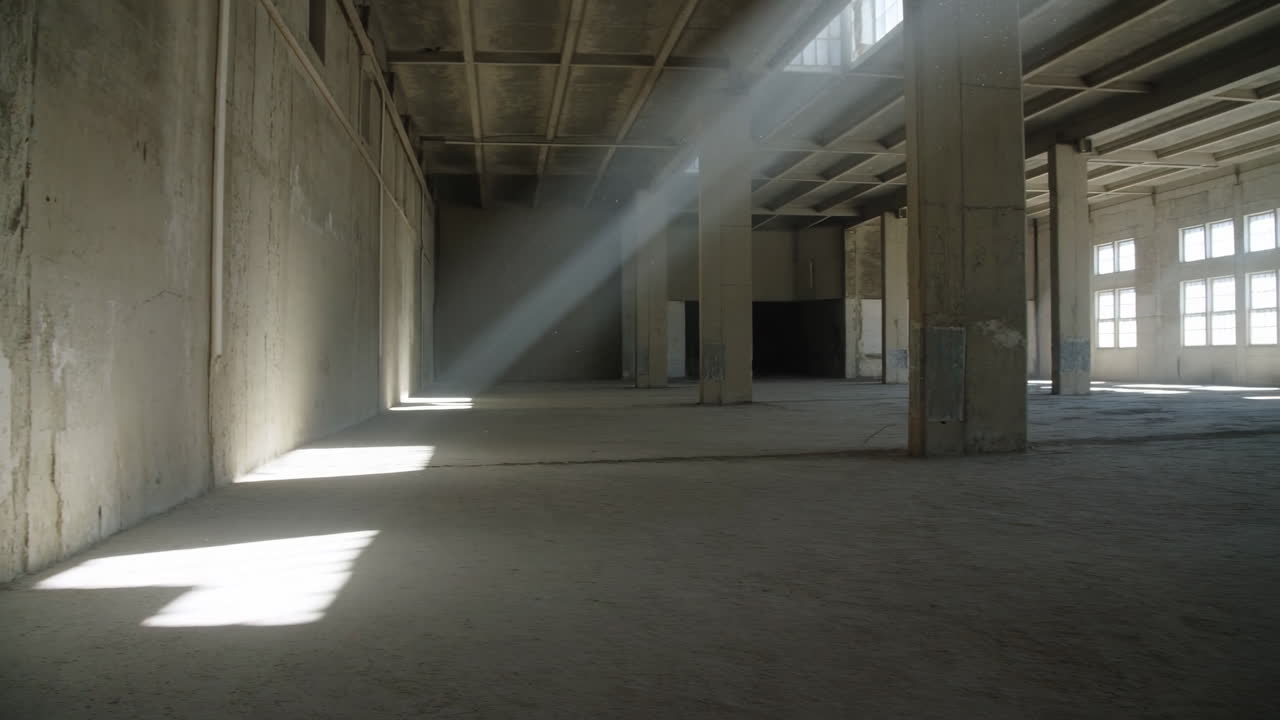 Magazzino industriale vuoto con raggi di sole dalle finestre, pilastri di cemento e pulviscolo che creano un'atmosfera cinematografica