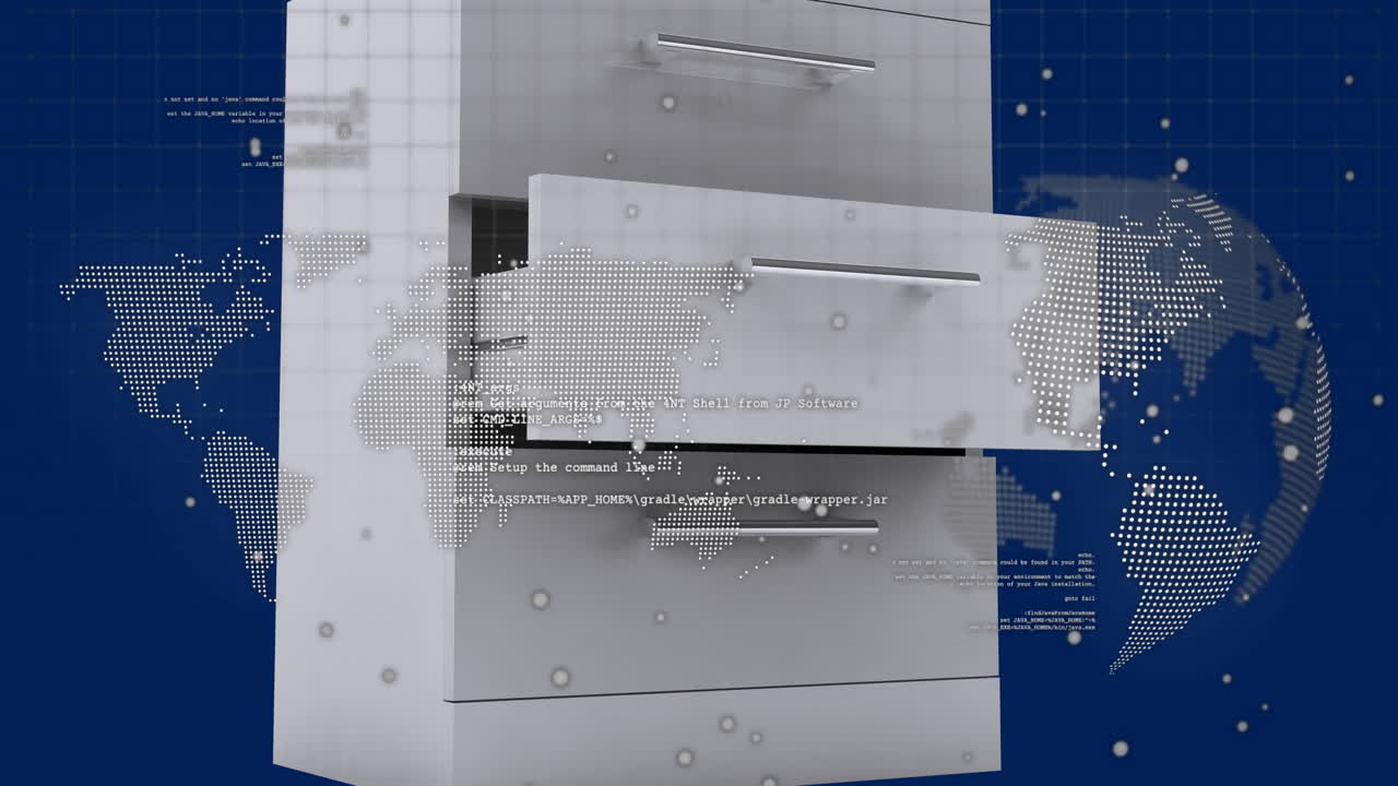 abrir cajón con mapa del mundo y animación de código sobre fondo azul