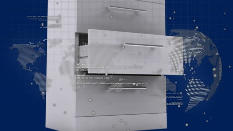 Opening drawer with world map and code animation over blue background
