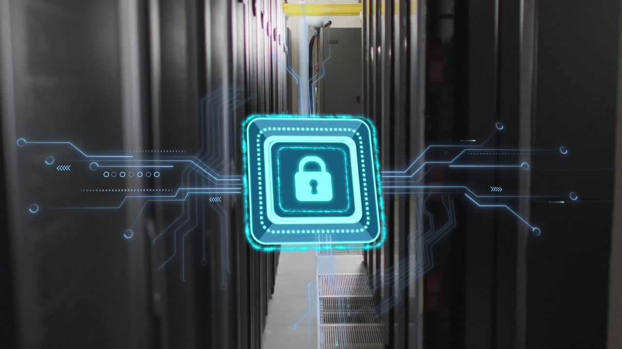 Animation of padlock with connections over server room