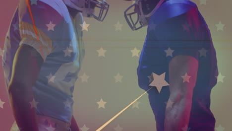 animation of diverse american football players and flag of usa