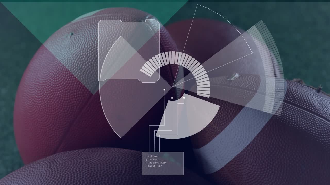 HUD overlay appearing over footballs, gauge rotating, arcs sweeping, data updating to show stats
