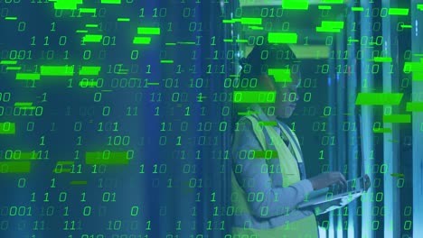 animación de codificación binaria contra una ingeniera afroamericana que usa una tableta en la sala del servidor