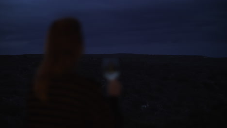 mujer solitaria bebiendo vino y mirando el paisaje verde en el anochecer
