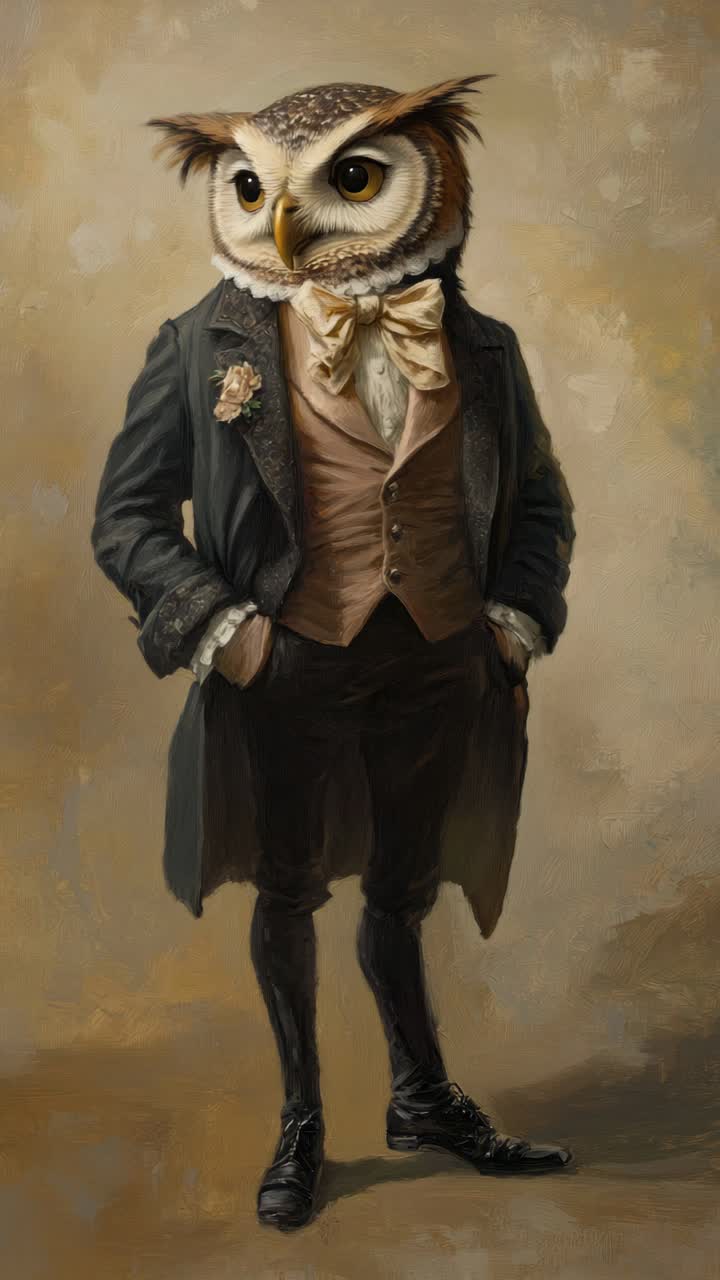 Whimsical video concept of an owl-headed gentleman in vintage attire