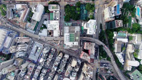 Central-Hong-Kong,-top-down-aerial-view-of-traffic-and-city-skyscrapers