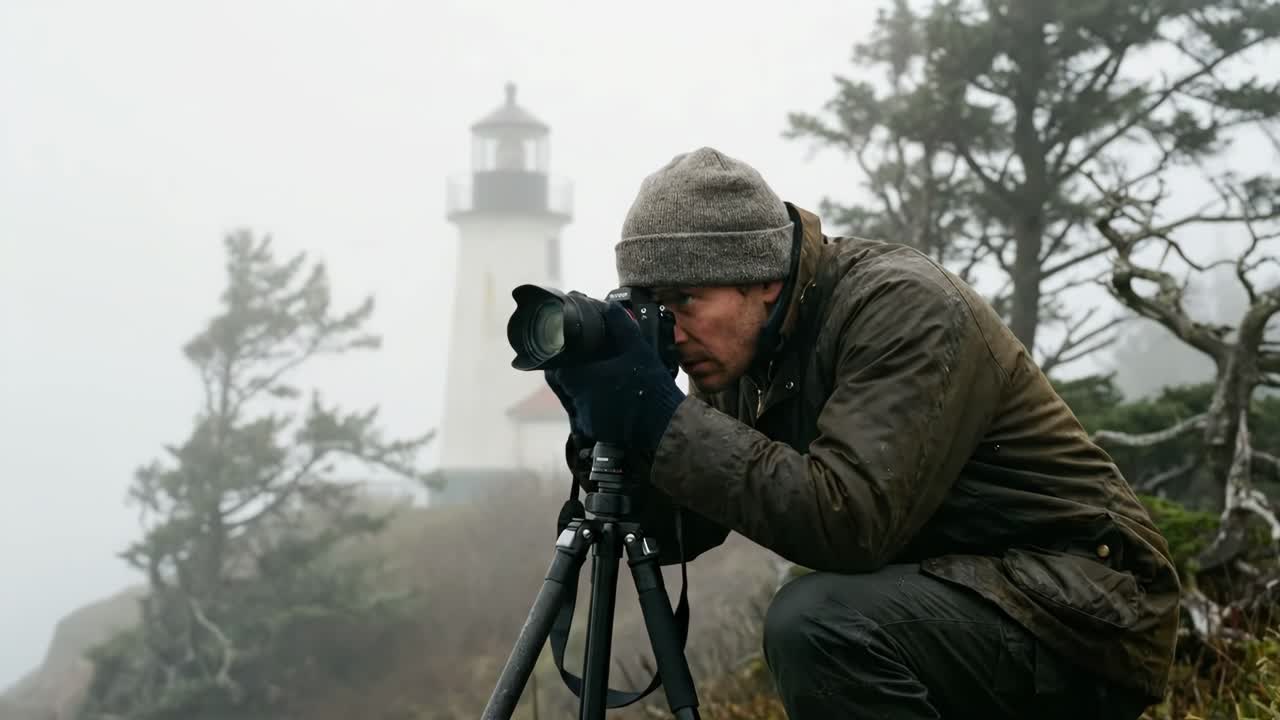 Man Photographing Lighthouse on Foggy Coast with Camera and Tripod