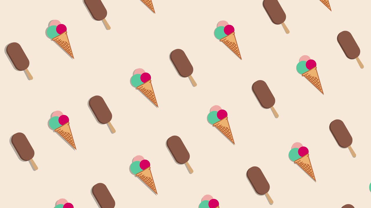 animación de video con conos de helado en movimiento y caramelo de hielo en fondo rosa.