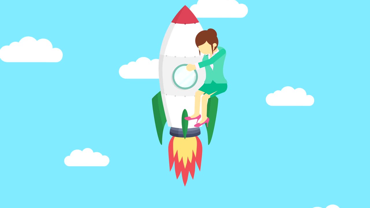 Business woman flying on rocket through blue sky. Leap concept. Loop illustration in flat style.