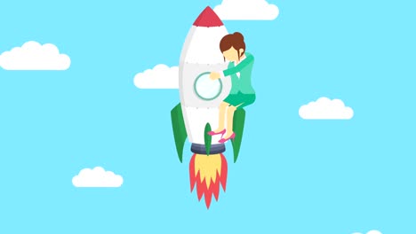 business woman flying on rocket through blue sky. leap concept. loop illustration in flat style.